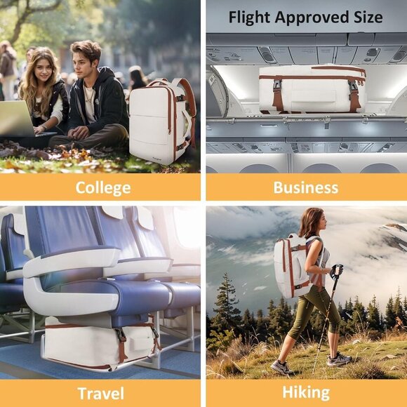 〽️Women Trendy Carry On Backpack Khaki White with USB Charging Port & Shoe Pouch main image 4